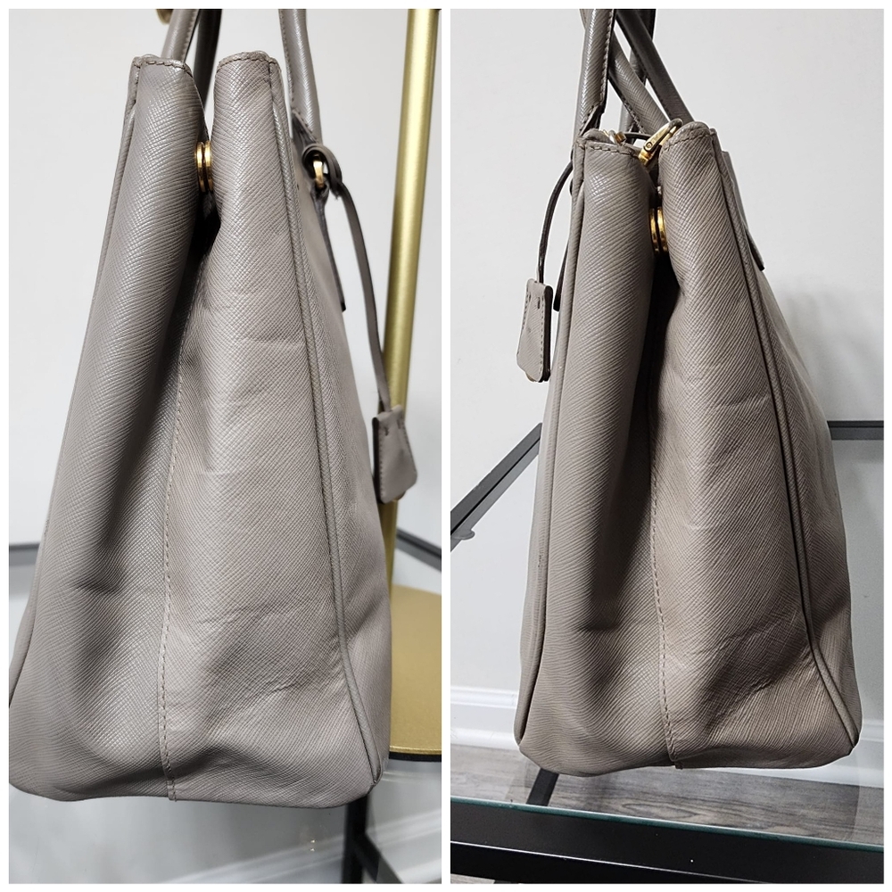 PRADA 2 Tone Saffiano Lux Large Double Zip Tote Bag Beige - Picture 9 of 16